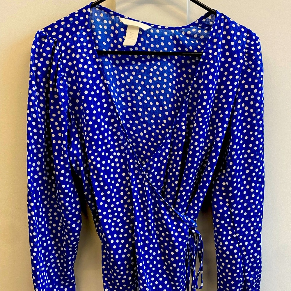 Blue and white polka dot wrap blouse